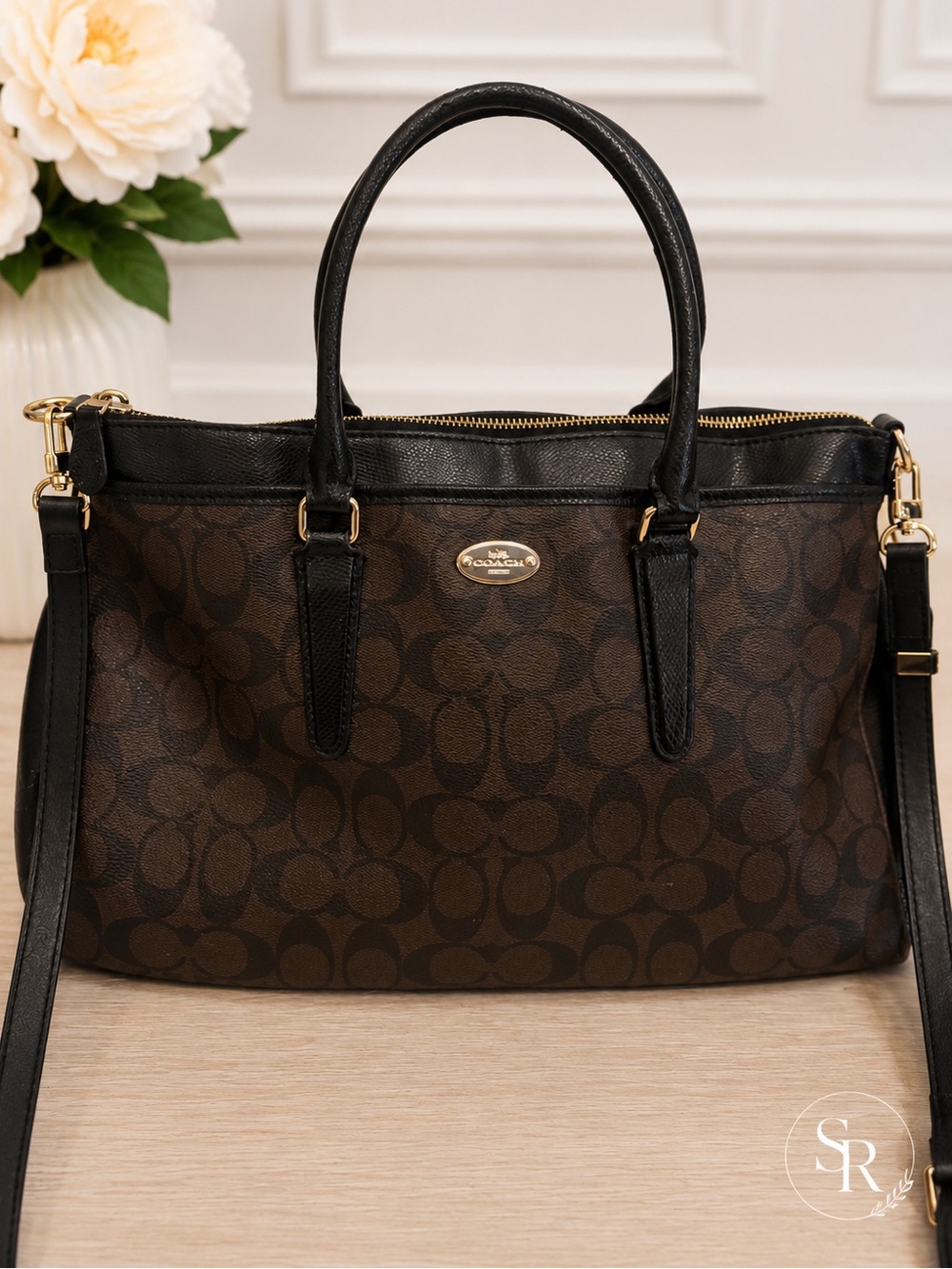Coach Brown Signature Canvas Satchel with Black Trim